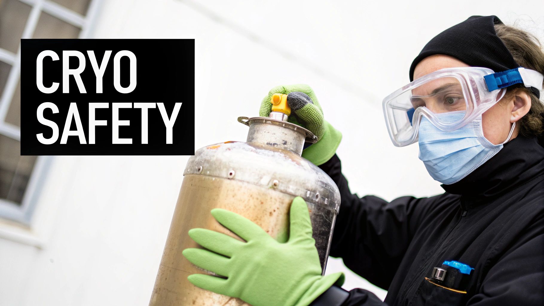 Person in PPE (goggles, mask, gloves) handling a cryogenic tank, with 'CRYO SAFETY' text.