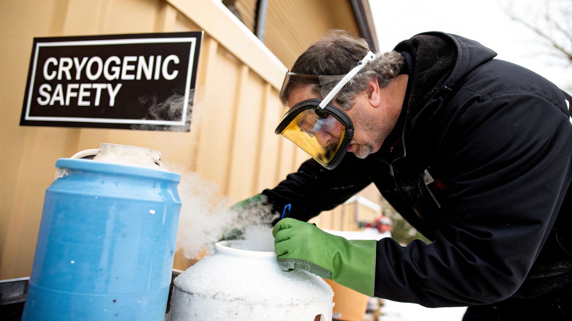 A person wearing a face shield and gloves works with cryogenic materials, with a 'CRYOGENIC SAFETY' sign visible.
