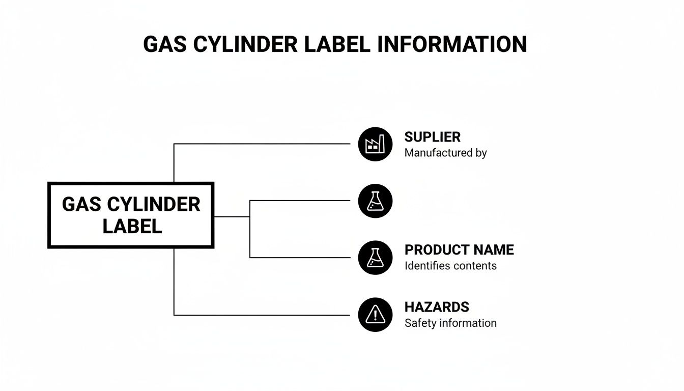 A diagram illustrating the essential information found on a gas cylinder label, including supplier, product name, and hazards.