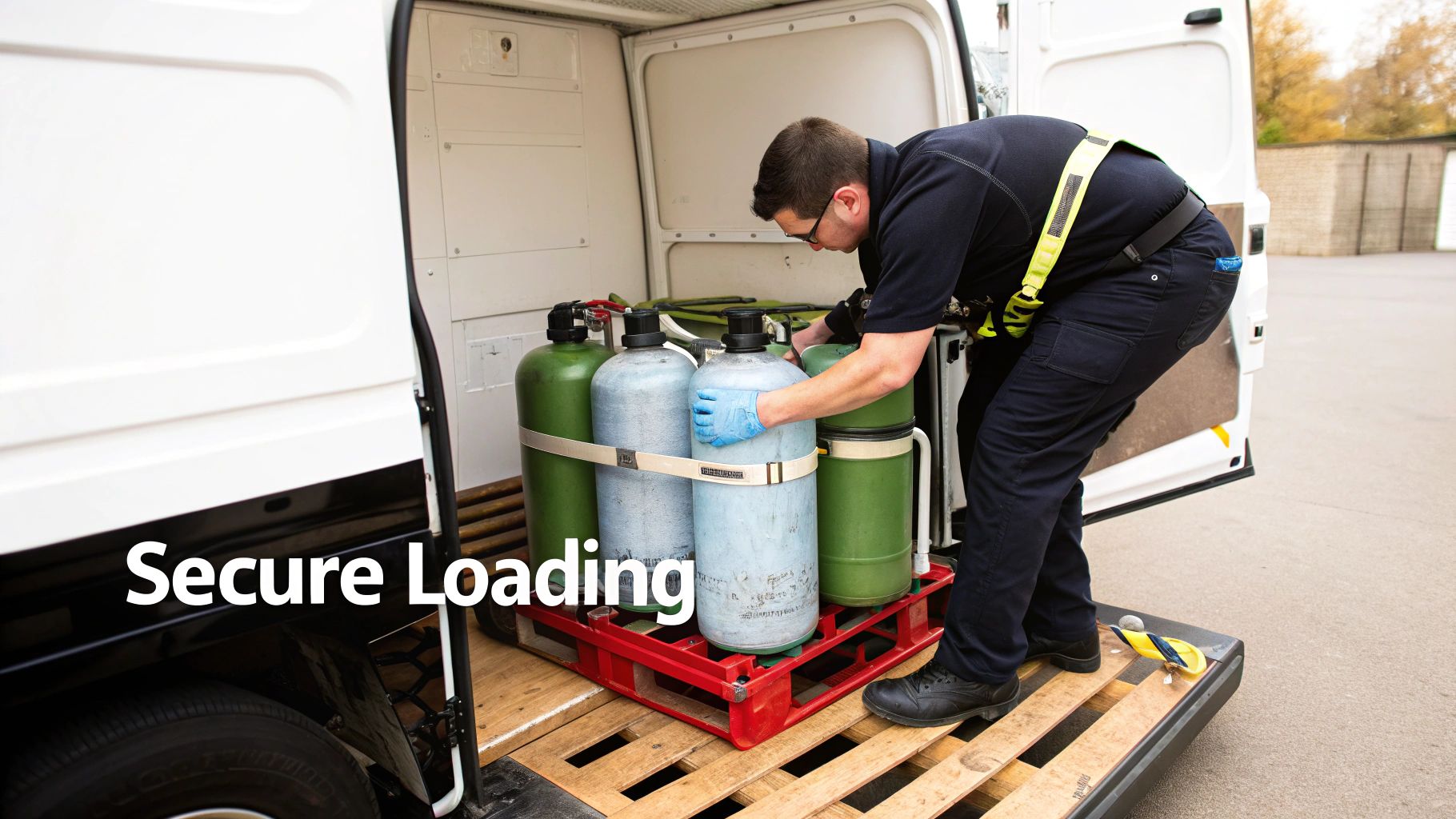 Worker in safety vest securing gas cylinders on red cart in van for safe transport