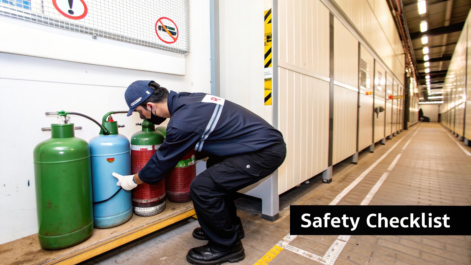 A worker in a mask and uniform inspects several colored gas cylinders in an industrial corridor.