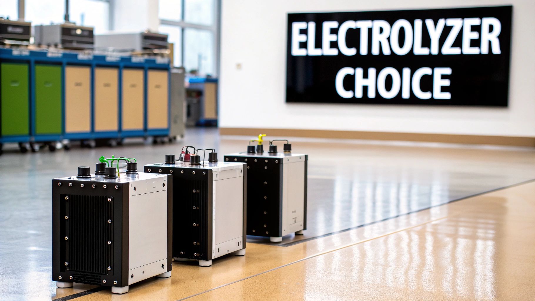 Three white and black electrolyzer units on a reflective floor in a lab with an 'ELECTROLYZER CHOICE' sign.