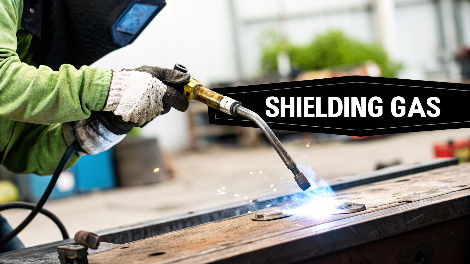 A welder in protective gear uses a torch, creating sparks and blue light, with 'SHIELDING GAS' text.
