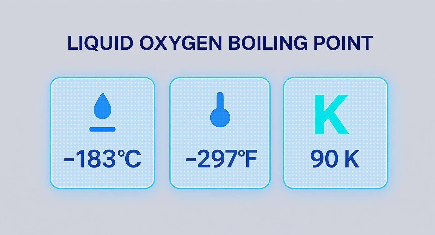 Liquid oxygen boiling point displayed as -183°C, -297°F, and 90 K with icons.