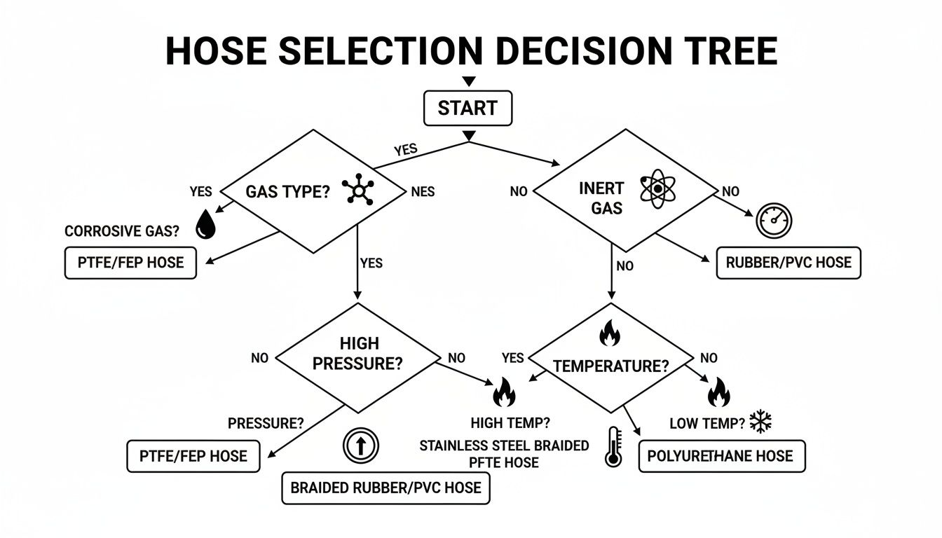 A decision tree diagram for hose selection based on gas type, pressure, and temperature.