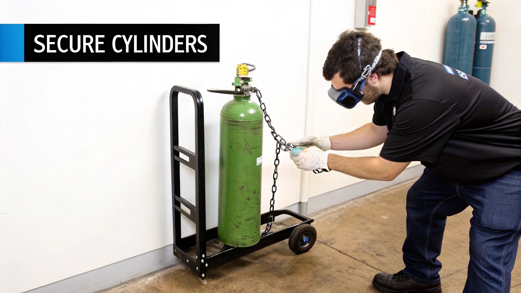 Man in safety gear securing a green gas cylinder to a hand truck with a chain.