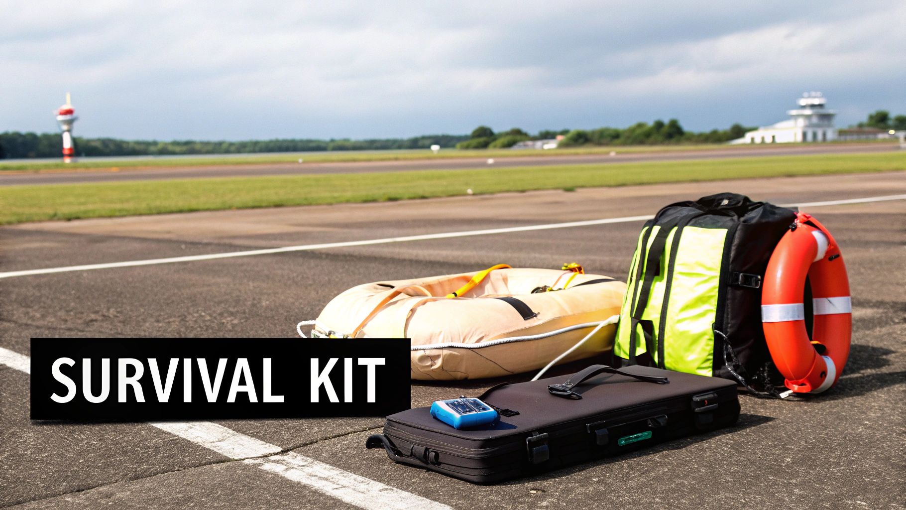 A collection of aviation survival kit items including a raft, backpack, lifebuoy, and emergency beacon on an airfield.