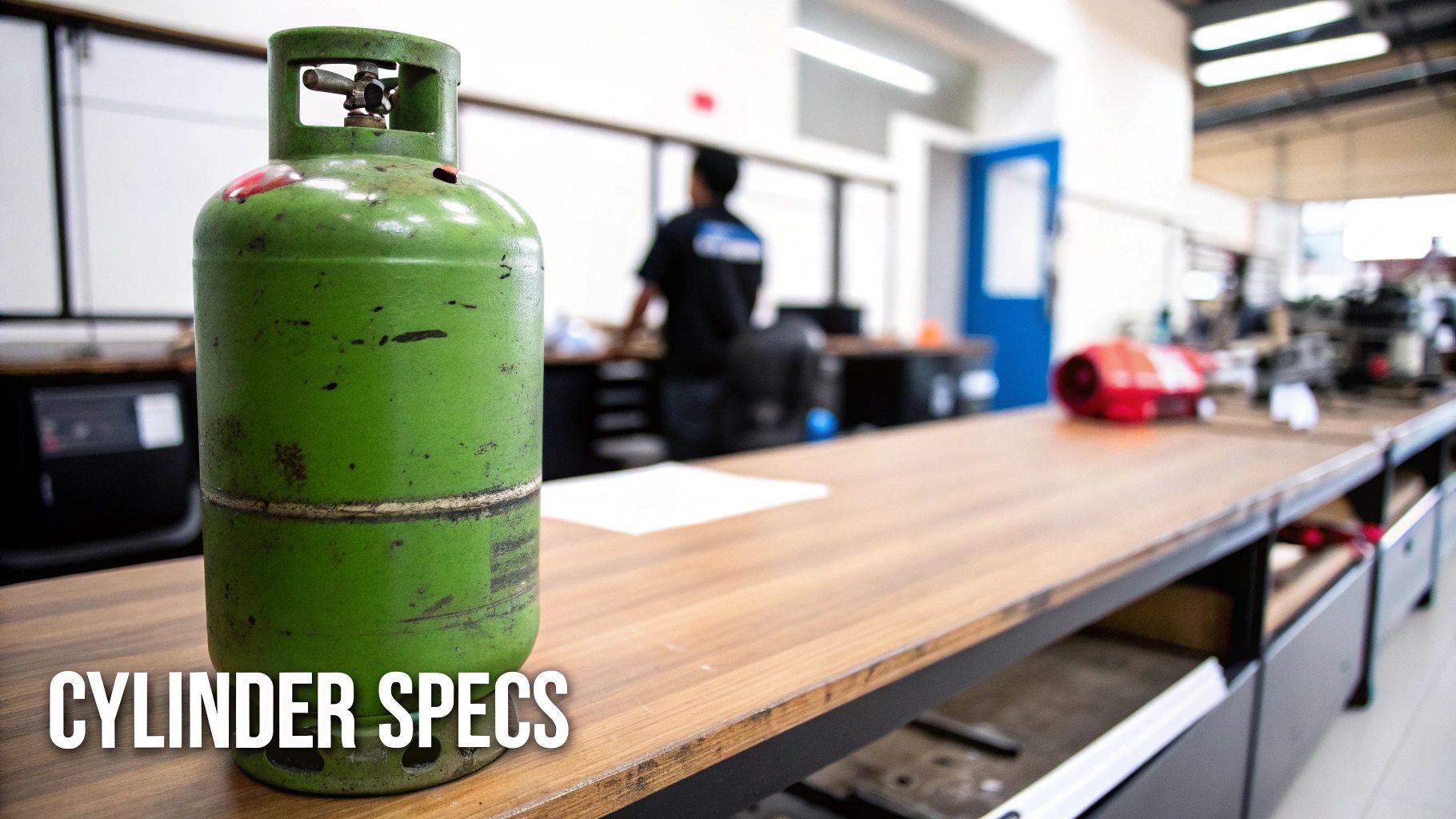 A weathered green gas cylinder with a valve rests on a wooden workbench in a workshop.