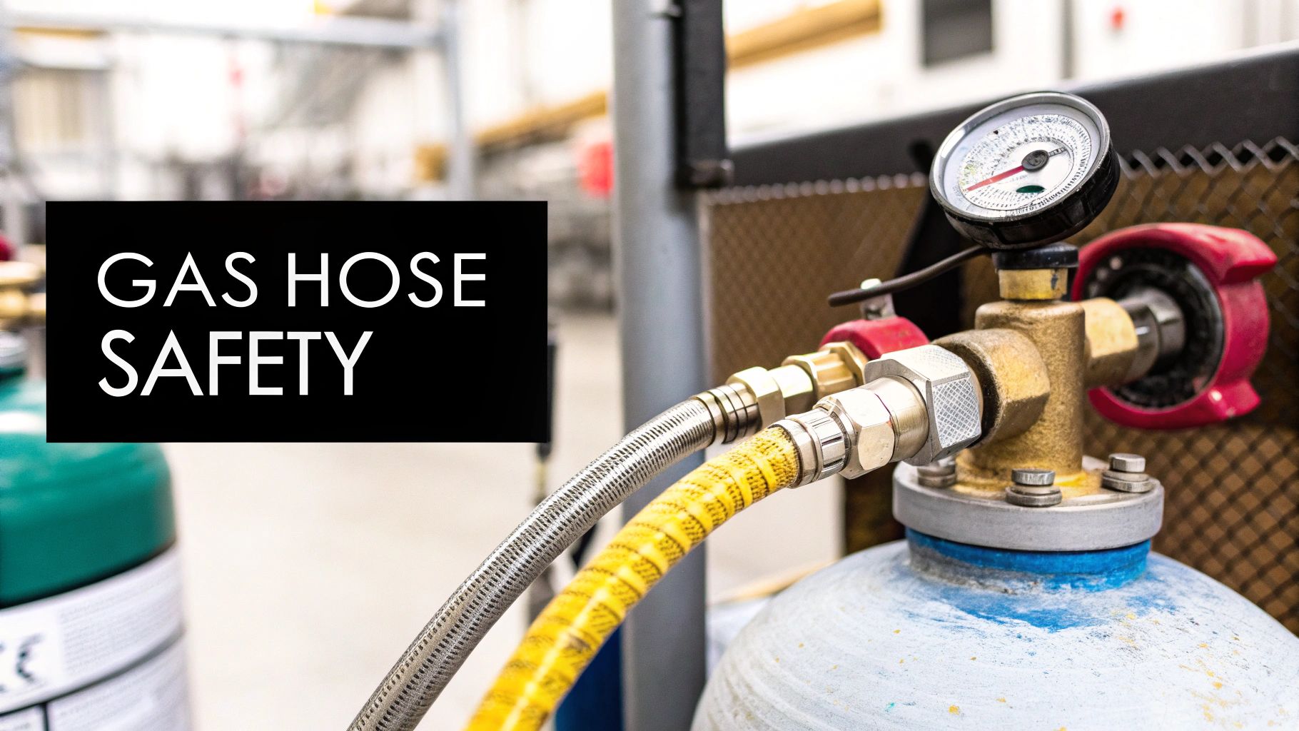 Industrial gas cylinders with hoses and a pressure gauge, highlighting gas hose safety.