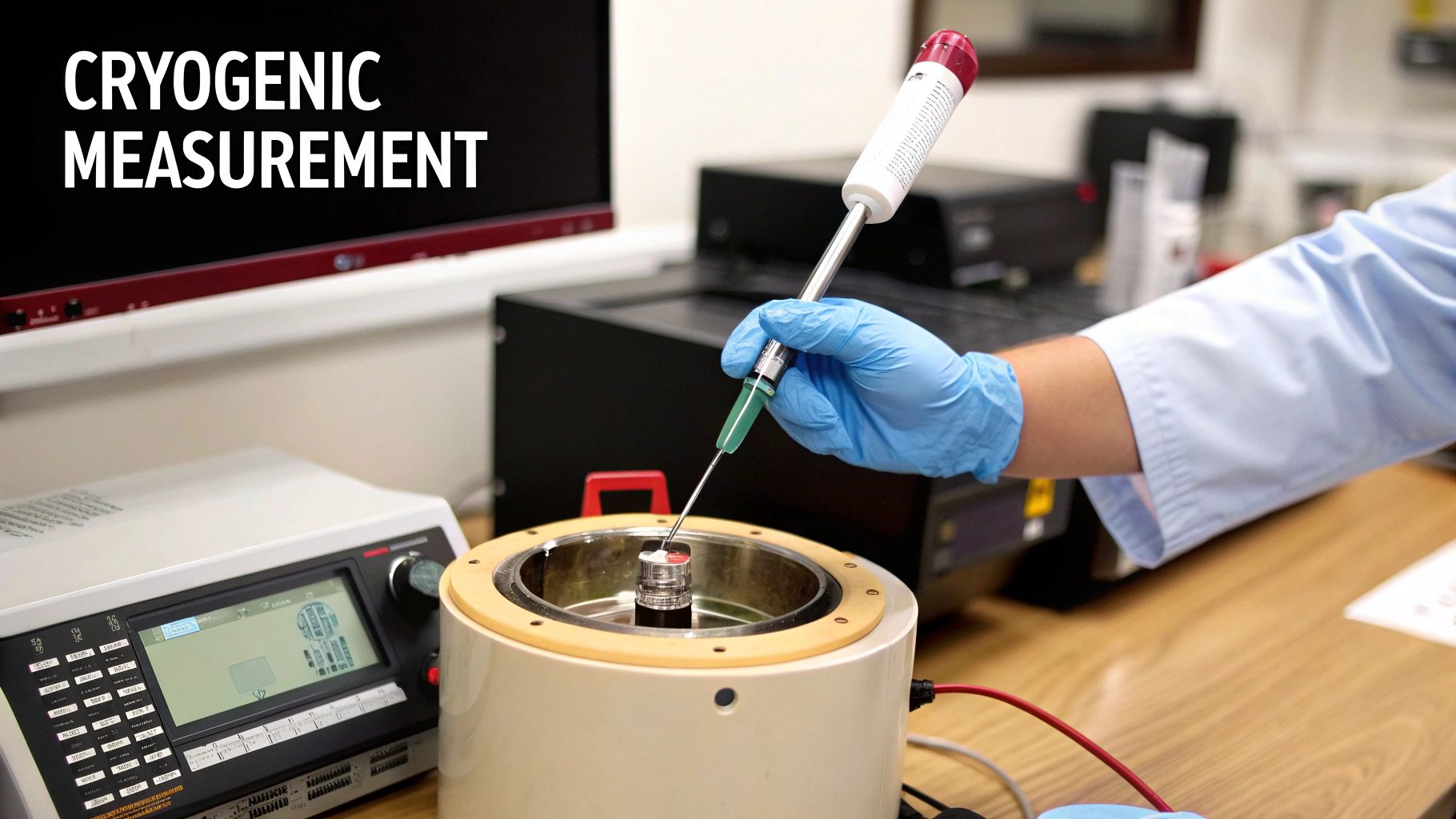 A gloved hand inserts a long probe into a cryogenic measurement device in a scientific laboratory.