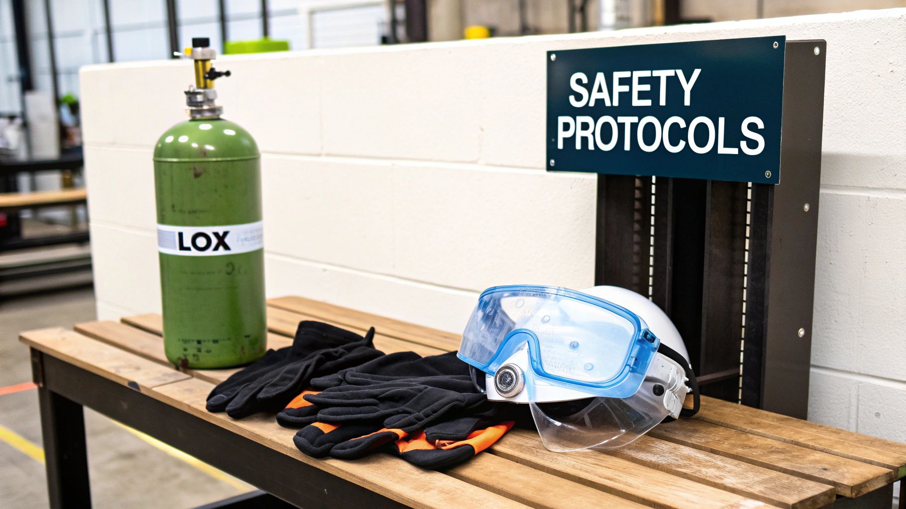 Green LOX cylinder, safety goggles, gloves, and a "SAFETY PROTOCOLS" sign on a wooden bench.