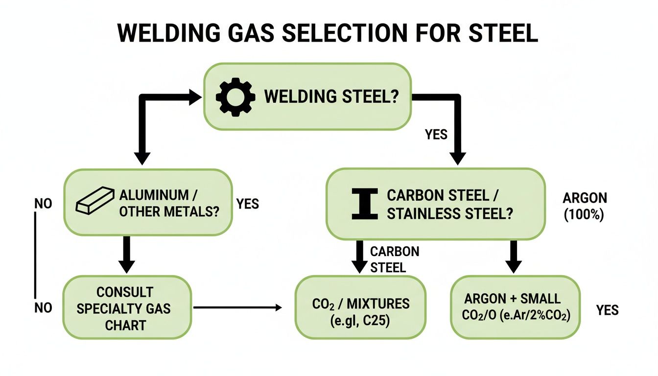 A flowchart demonstrating welding gas selection for various metals, including steel, aluminum, carbon steel, and stainless steel.