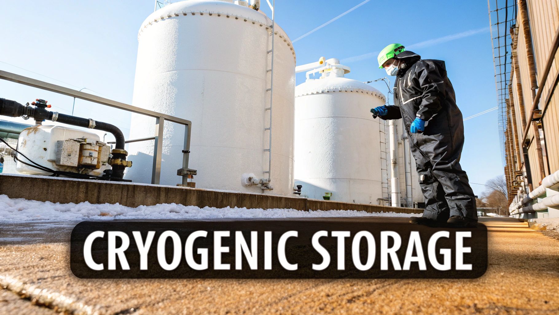 Worker in protective gear inspects large white cryogenic storage tanks in a snowy industrial setting.