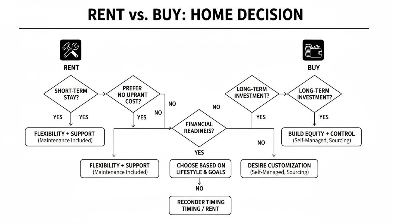 Flowchart detailing the decision-making process for renting versus buying a home.