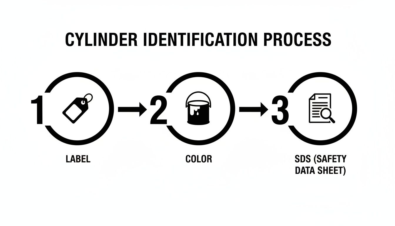 A flowchart detailing the cylinder identification process, using label, color, and safety data sheet.