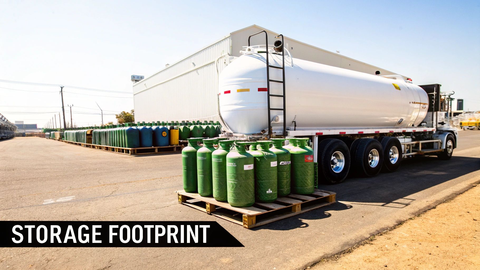 An outdoor industrial storage facility with a tanker truck and numerous green and blue tanks.