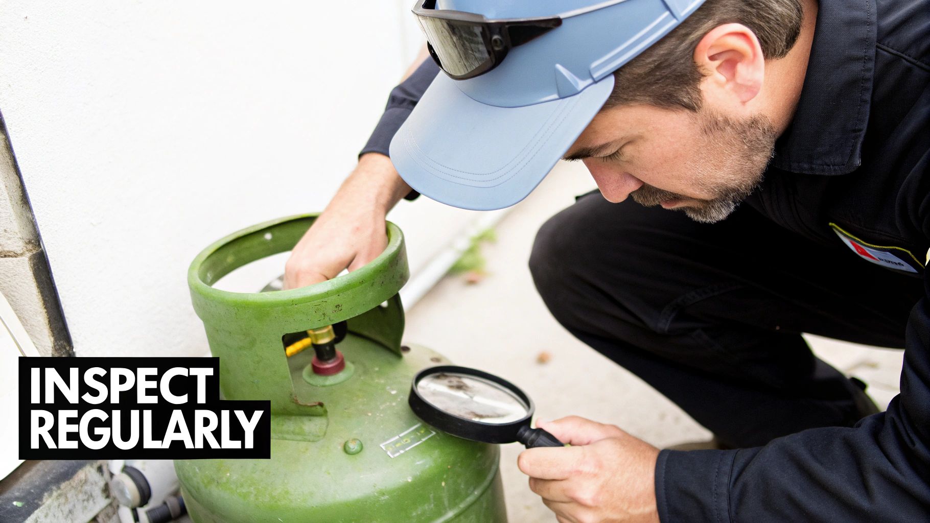 A technician wearing a cap and safety glasses inspects a green gas cylinder with a magnifying glass.