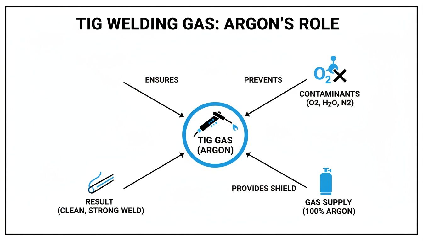 Diagram illustrating Argon's role in TIG welding, showing benefits like clean, strong welds and contaminant prevention.
