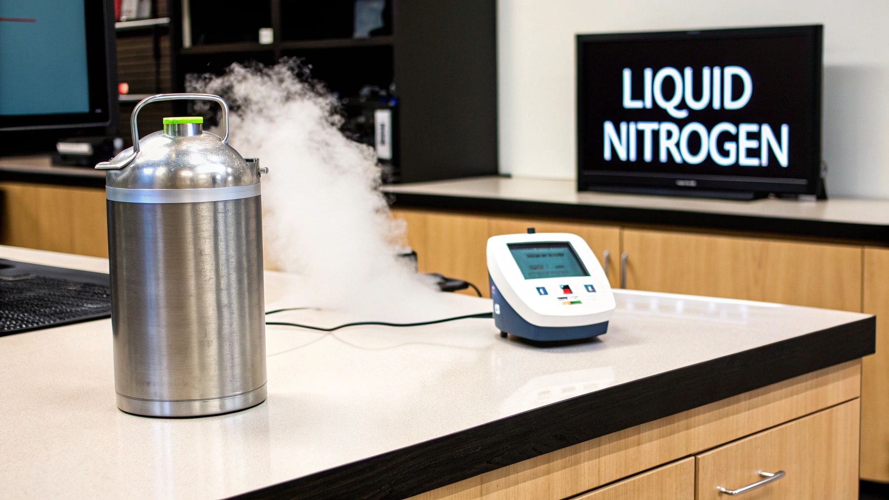 A stainless steel liquid nitrogen dewar releasing vapor, alongside a digital control unit and monitor in a lab.