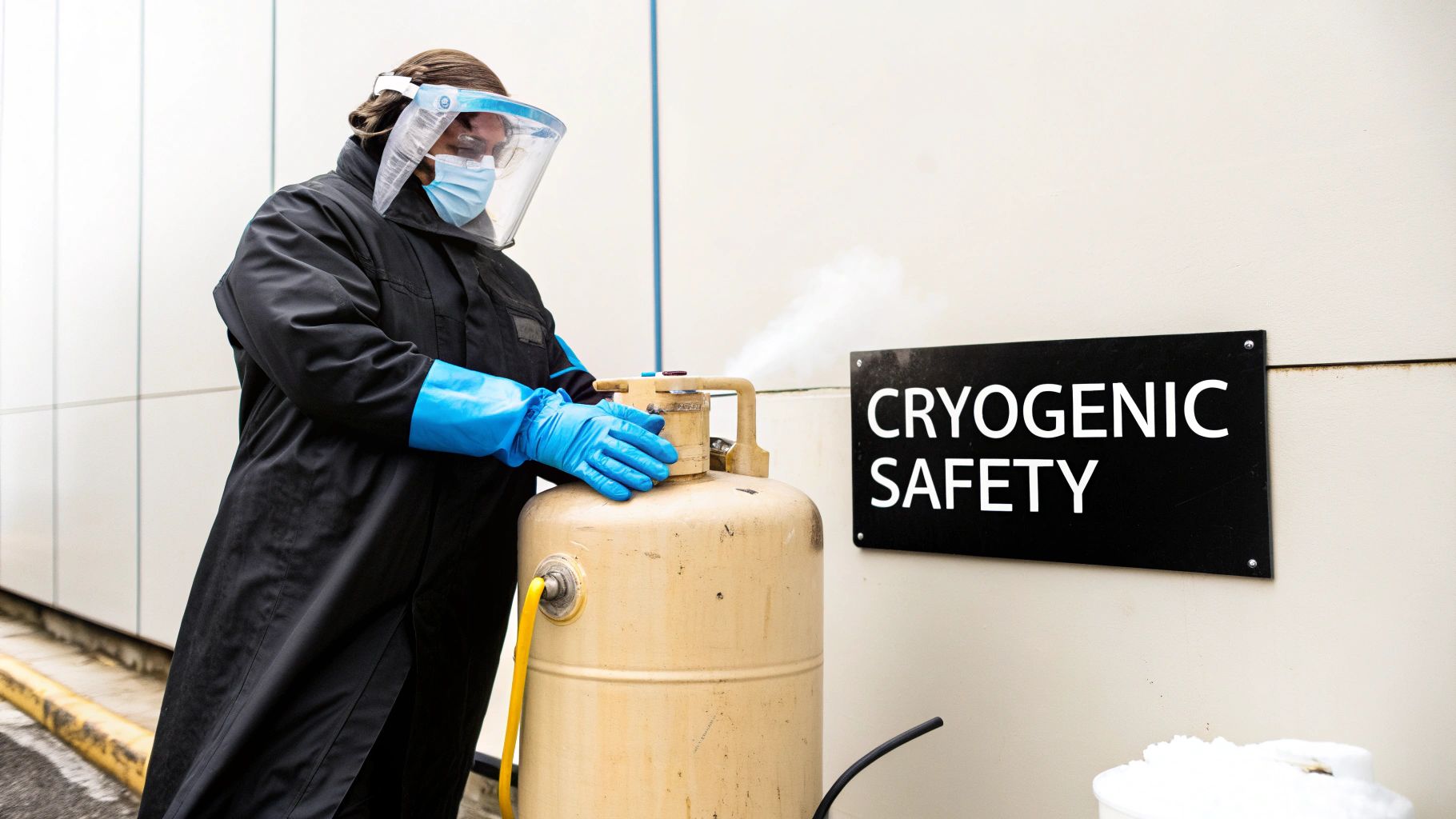 Person in PPE handles a cryogenic tank with vapor escaping, next to a 'Cryogenic Safety' sign.