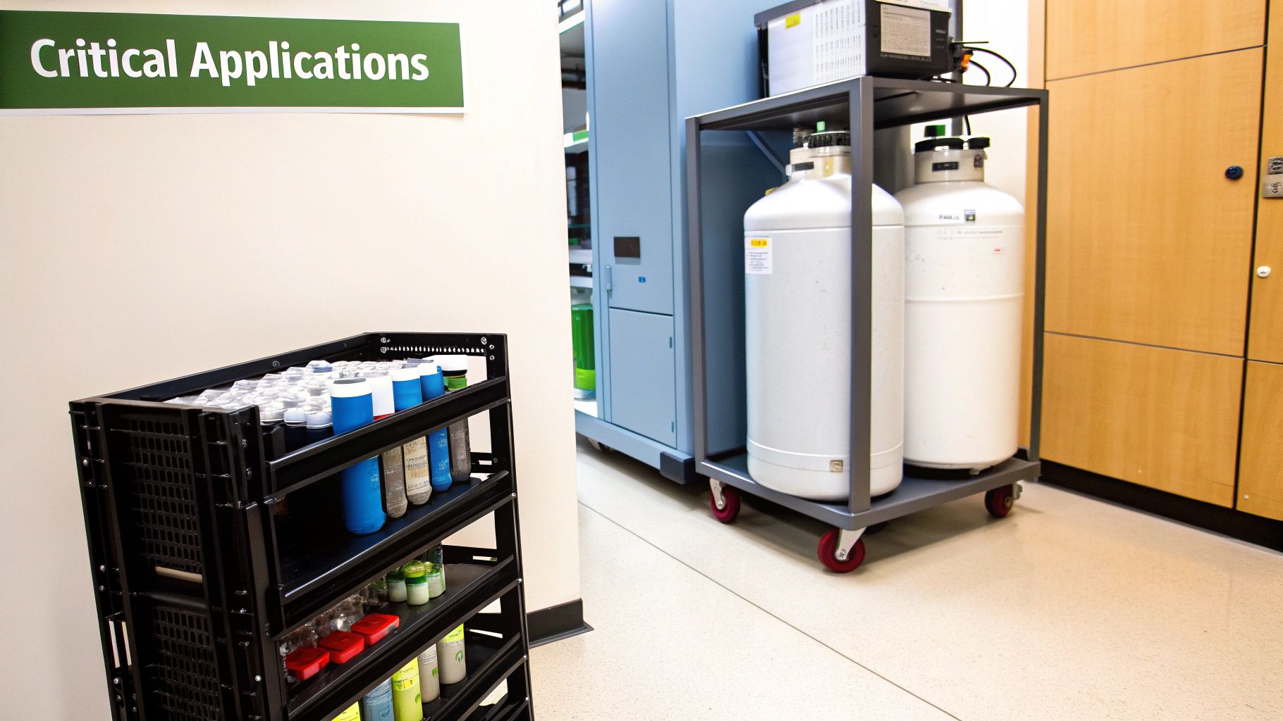 A critical applications lab with a multi-level cart of supplies and two large white cryogenic tanks.