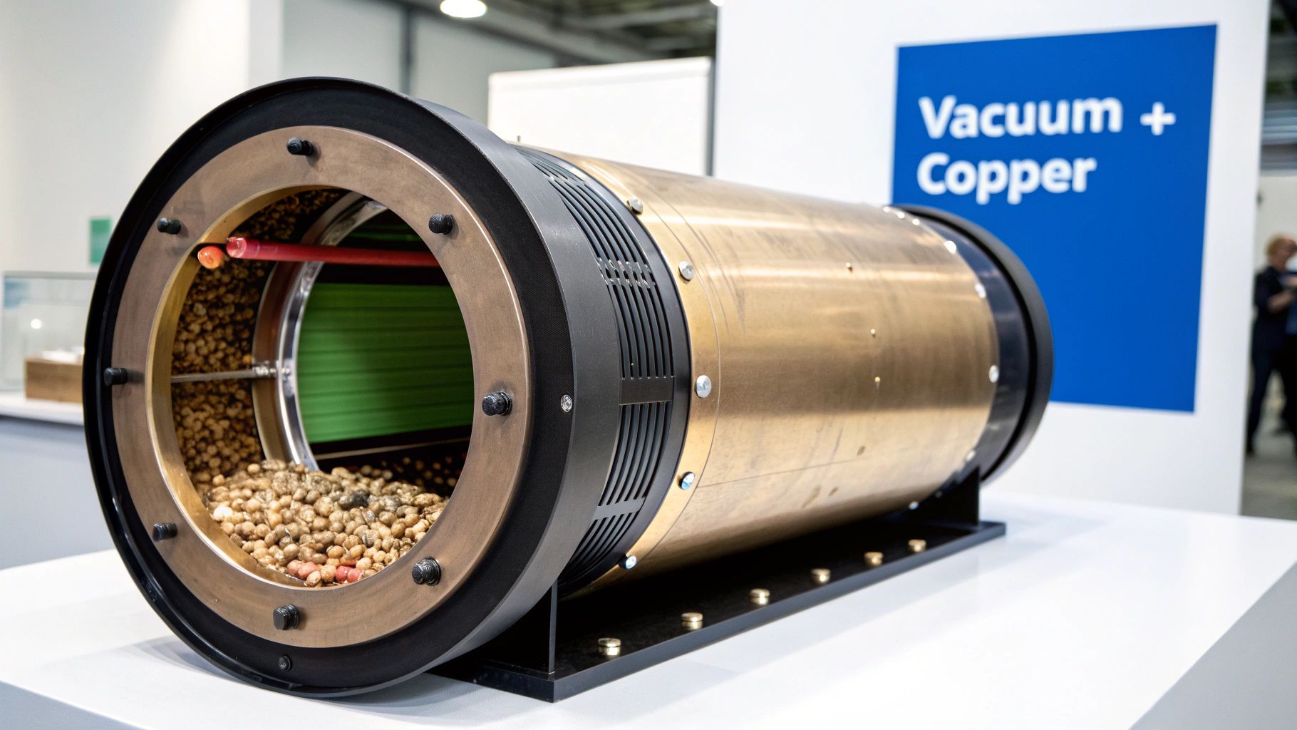 A cutaway view of a cylindrical copper thermal energy storage device filled with small pellets and a green coil.