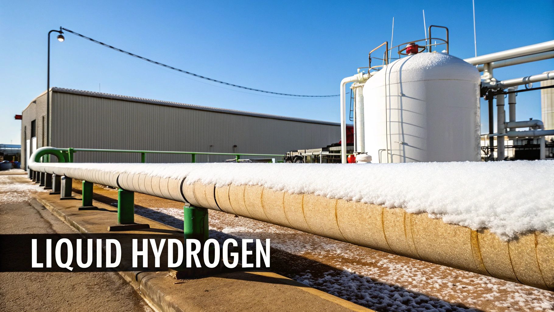 Industrial facility with snowy pipes and a large white tank for liquid hydrogen storage.