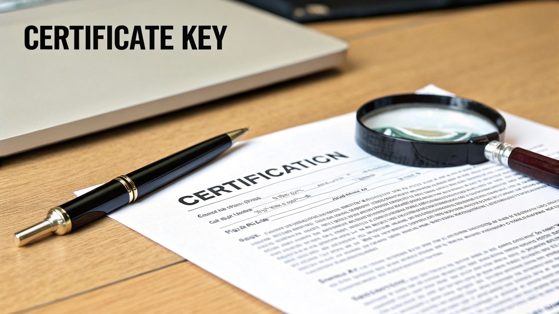 A document labeled 'CERTIFICATION' with a pen, magnifying glass, and laptop on a wooden desk, emphasizing 'CERTIFICATE KEY'.