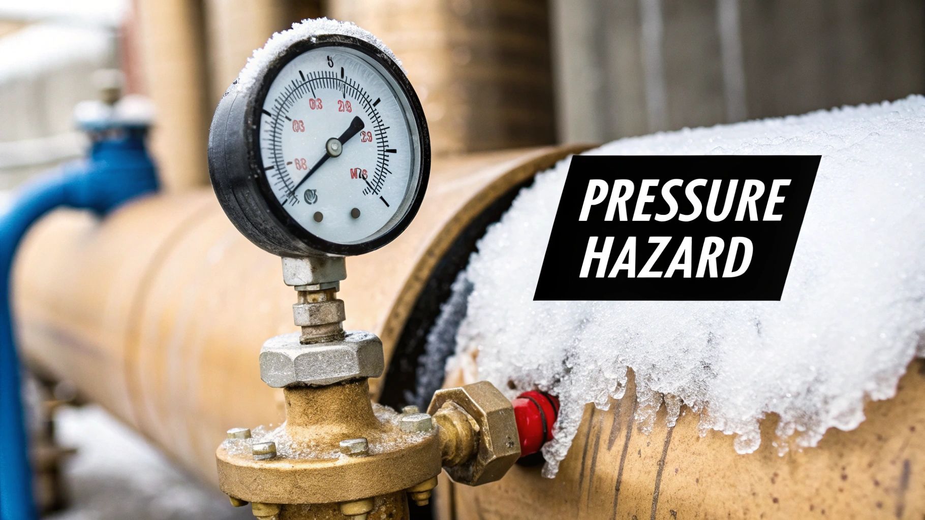 Industrial pressure gauge on a pipeline in winter conditions, showing a "PRESSURE HAZARD" warning.