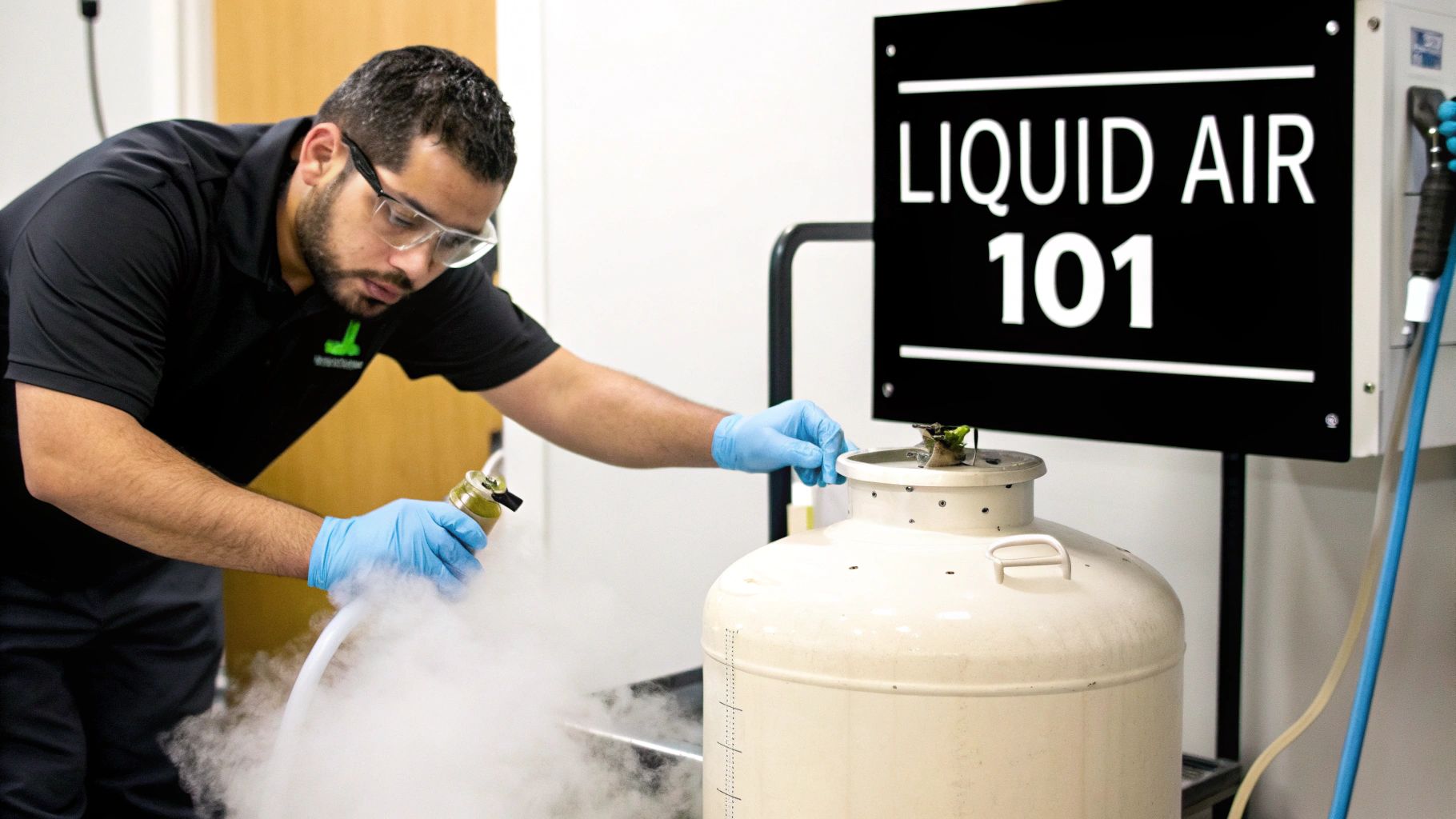 A technician wearing safety glasses and gloves handles liquid air, generating white vapor from a cryogenic tank.