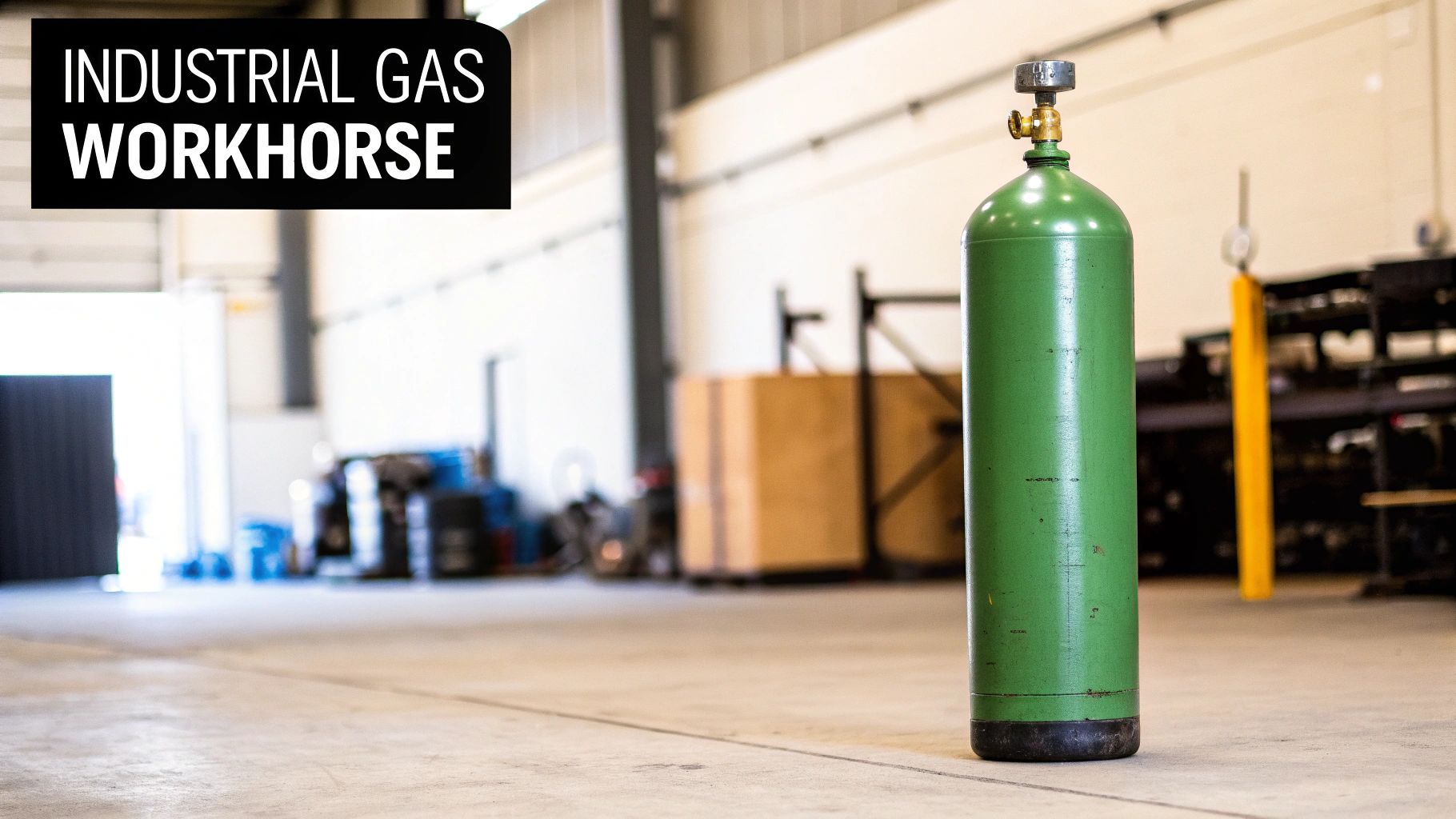 A green industrial gas cylinder stands on a concrete floor in a well-lit workshop.