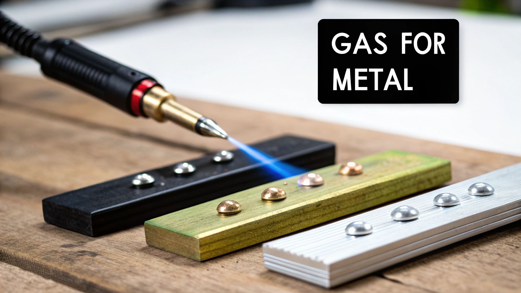 A welding torch heats metal domes on three different colored metal bars, with 'GAS FOR METAL' text.