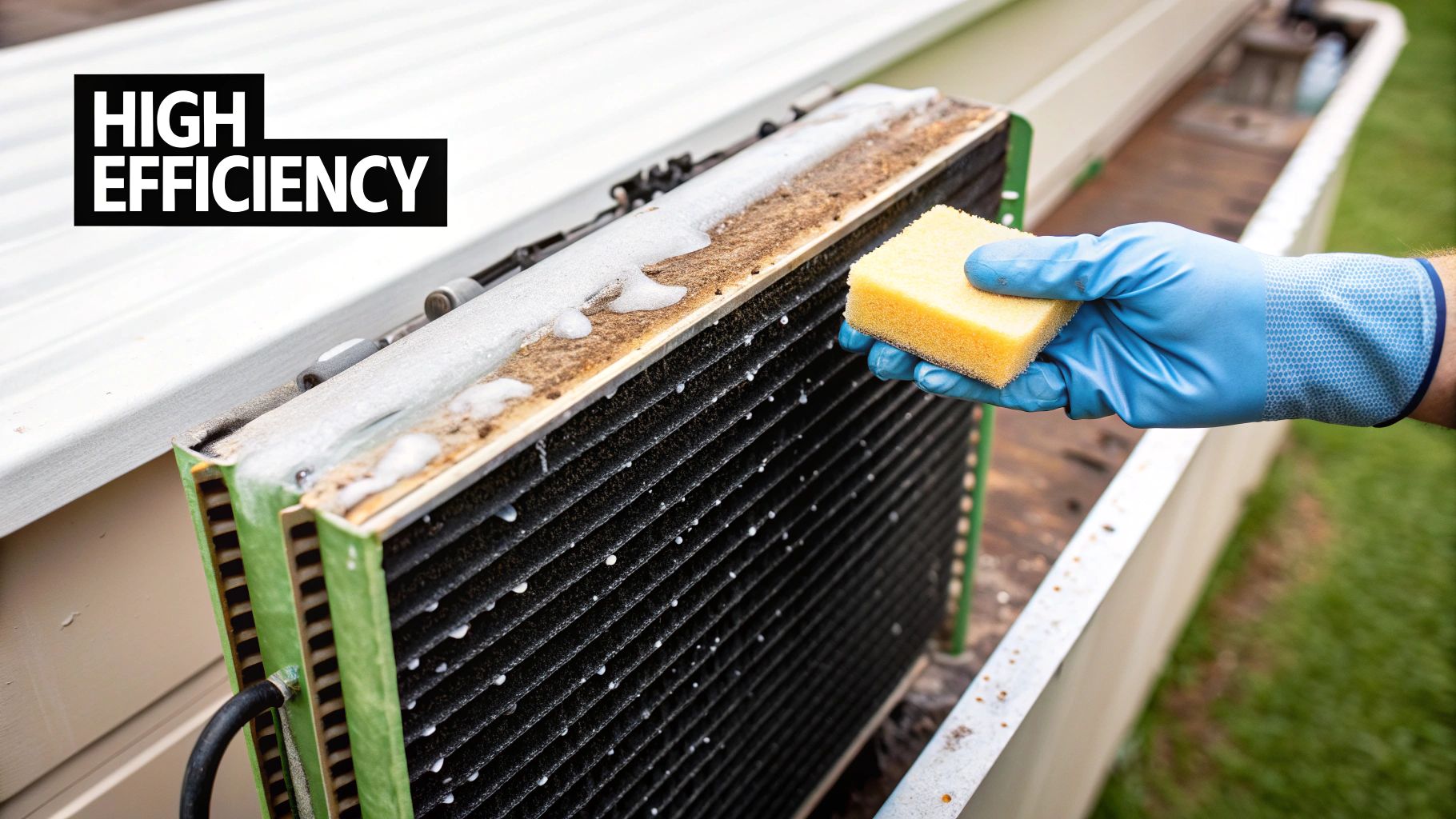 A person in blue gloves cleans a dirty air conditioner coil with a sponge and soapy water.