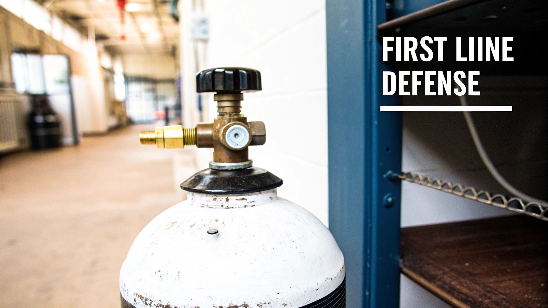 Close-up of a white gas cylinder with a brass valve and black regulator handle.