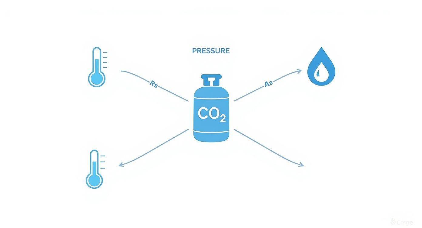 Diagram showing a CO2 cylinder with arrows indicating interactions with temperature, pressure, and water.