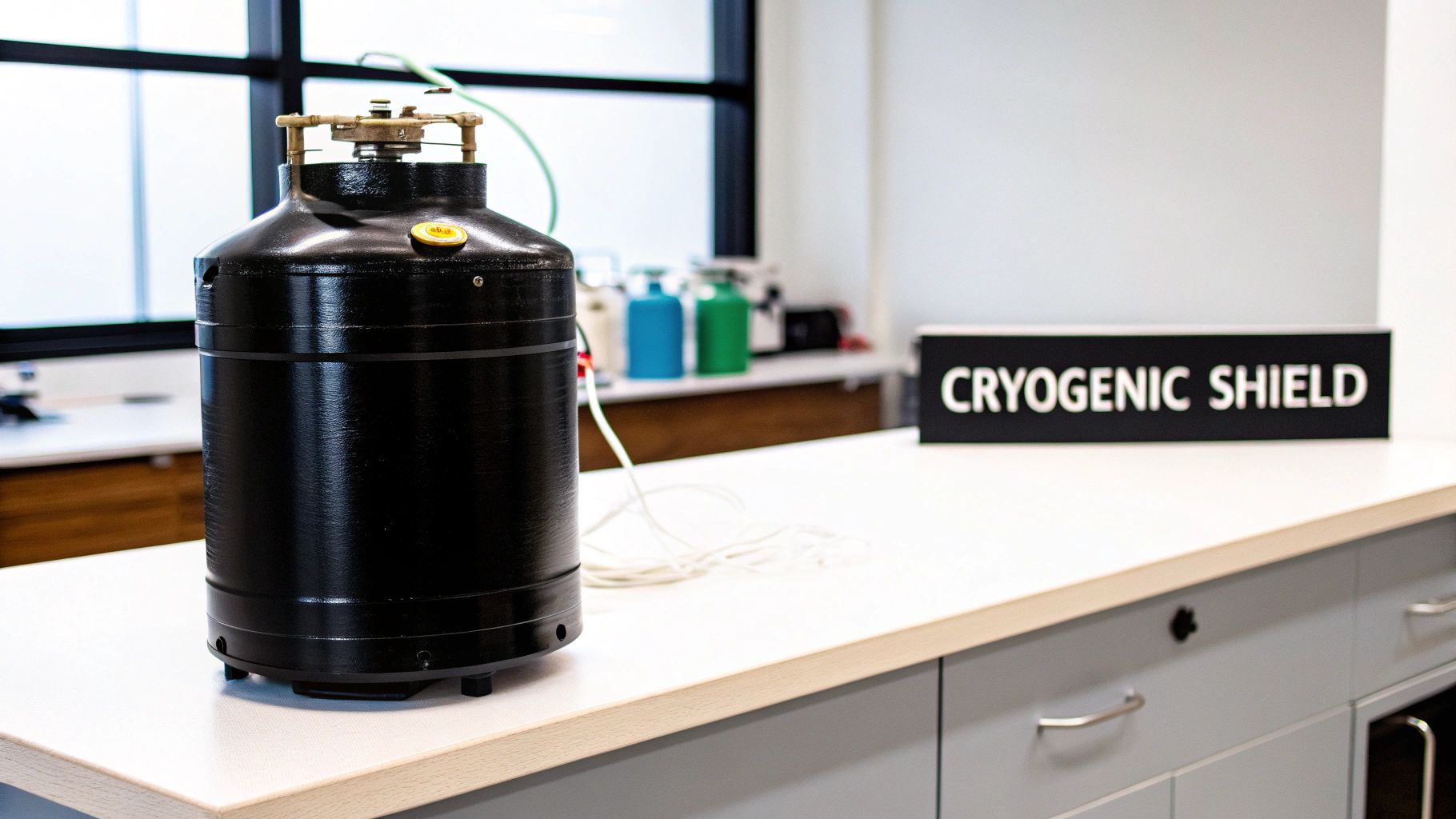 A black cryogenic shield container sits on a clean laboratory counter with a sign and window in the background.