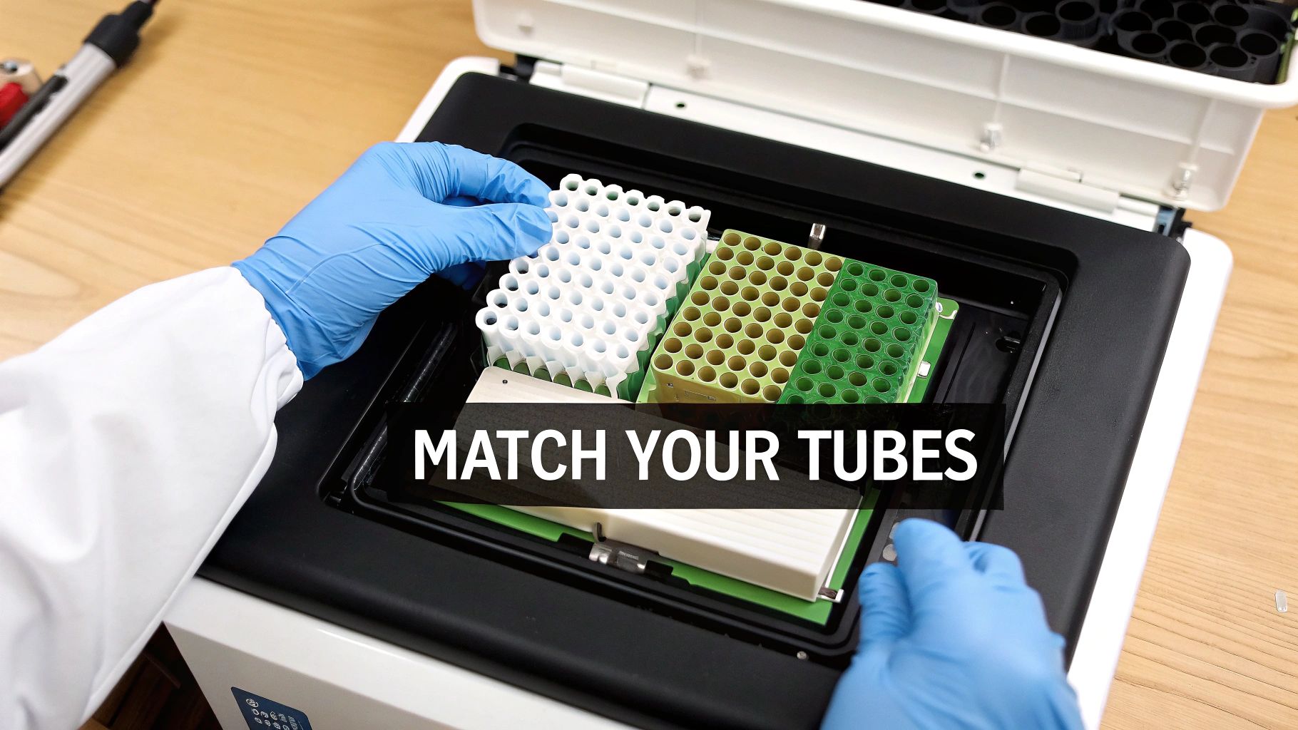 A scientist in blue gloves loads white and green reaction tubes into a lab instrument.