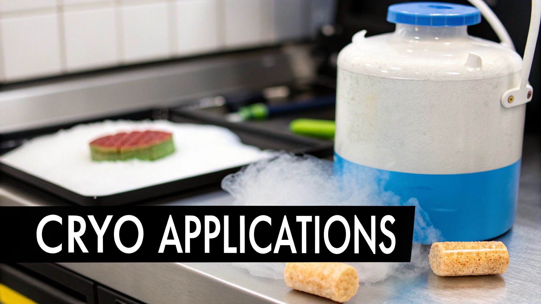 A liquid nitrogen dewar with vapor, a frozen dessert, and other items illustrating cryo applications.