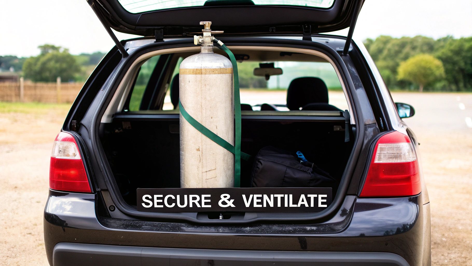 Gas cylinder secured with green strap in car trunk with ventilation safety warning