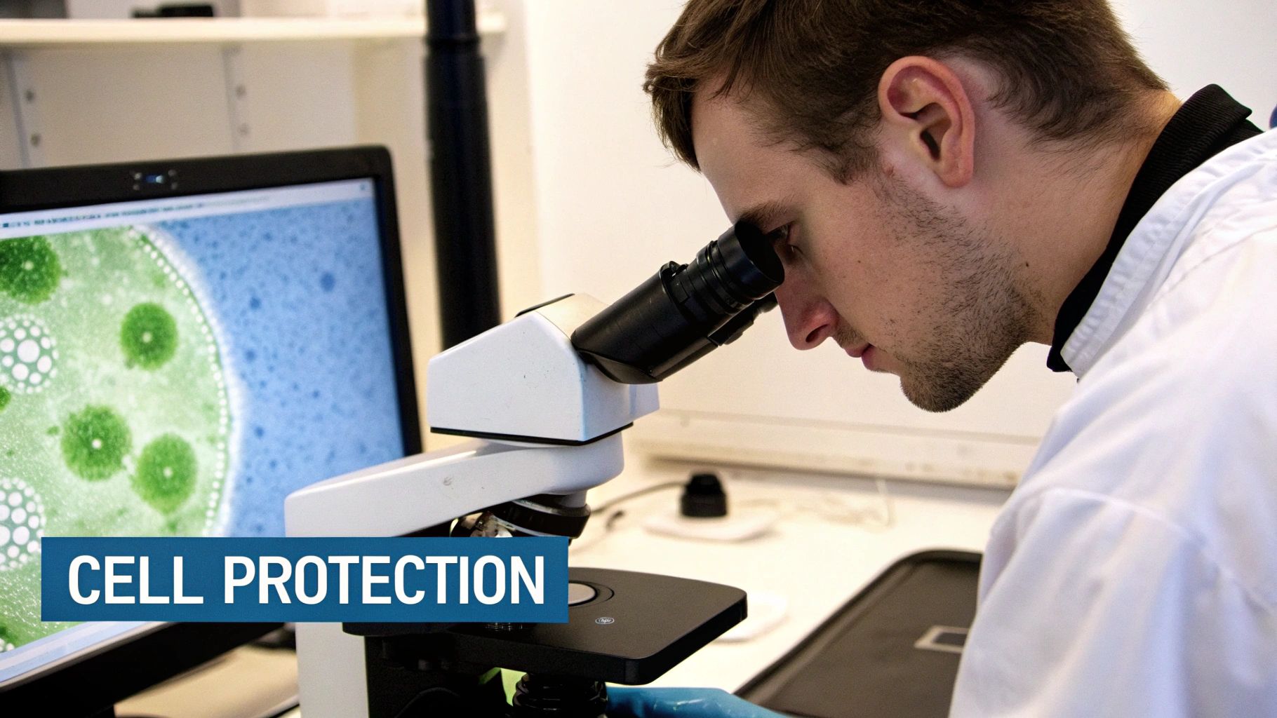 A scientist in a white lab coat observes samples through a microscope in a laboratory setting.