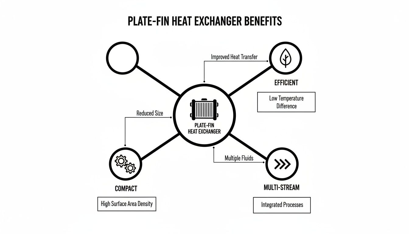 A diagram outlining the key benefits of plate-fin heat exchangers, including efficiency, compactness, and multi-stream capabilities.