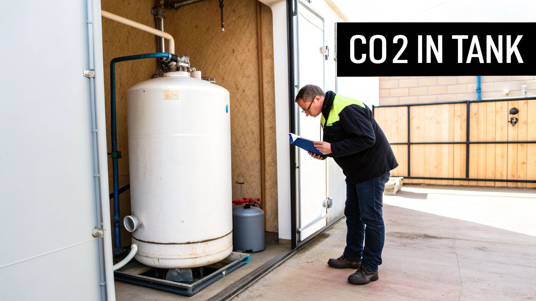 A man in work clothes inspects a large white CO2 tank, reading a blue binder.