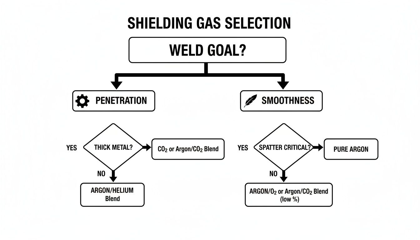 Flowchart detailing shielding gas selection in welding based on desired weld goals like penetration or smoothness.