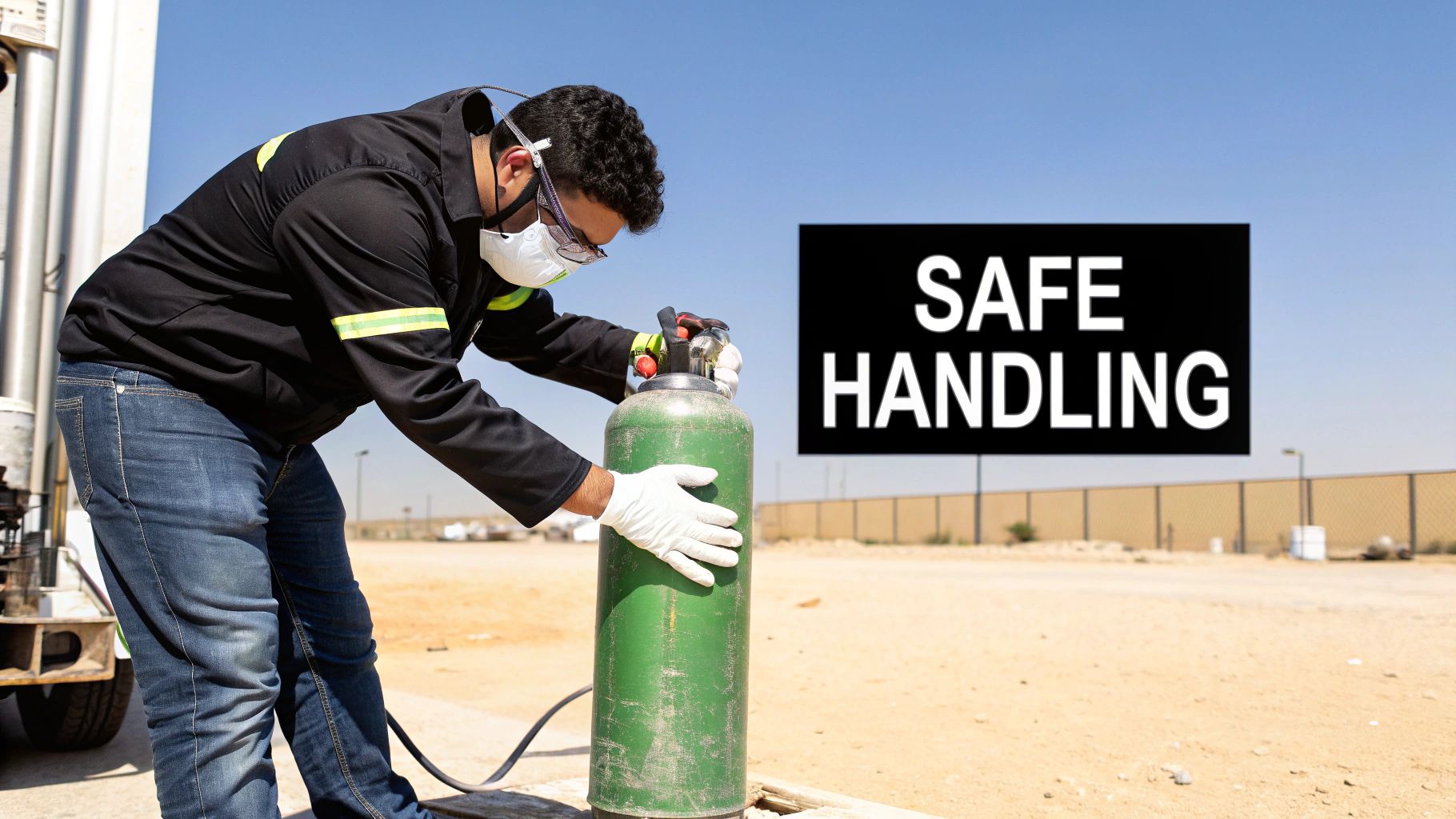 A person in safety gear carefully handling a green gas cylinder outdoors.