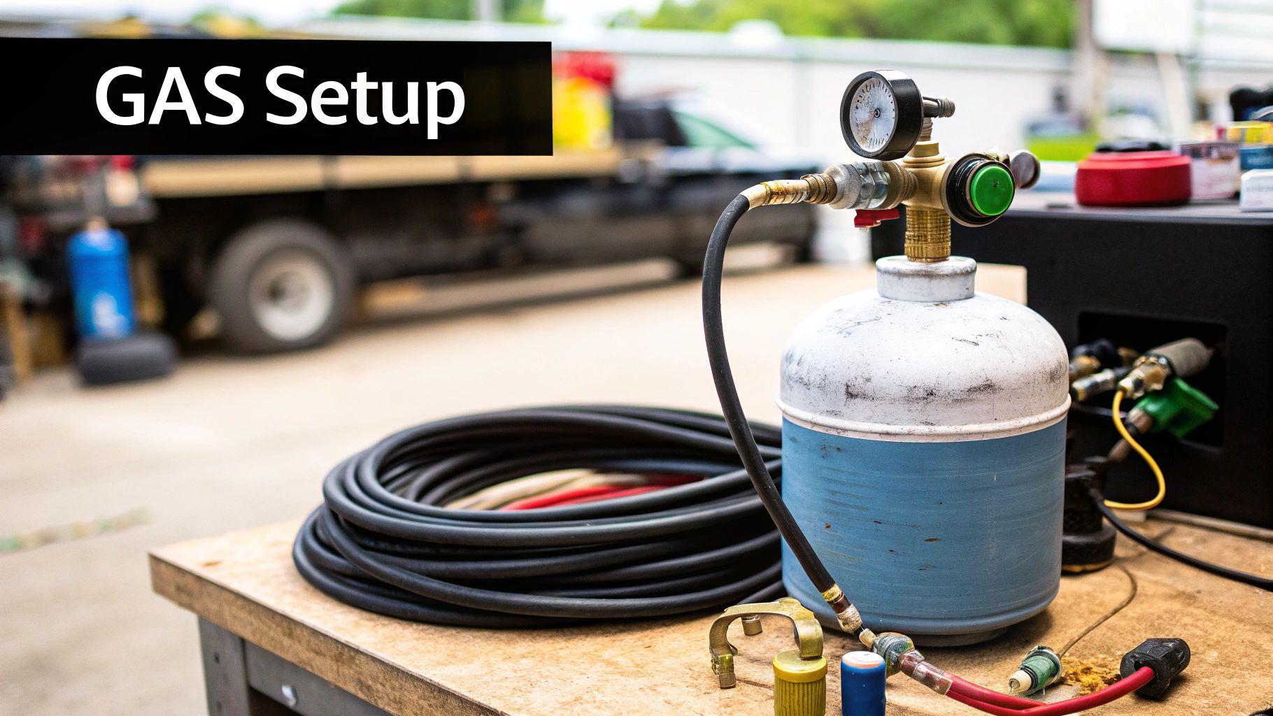 A gas cylinder with a pressure regulator and gauge, a coiled hose, and welding equipment on a table with 'GAS Setup' text.