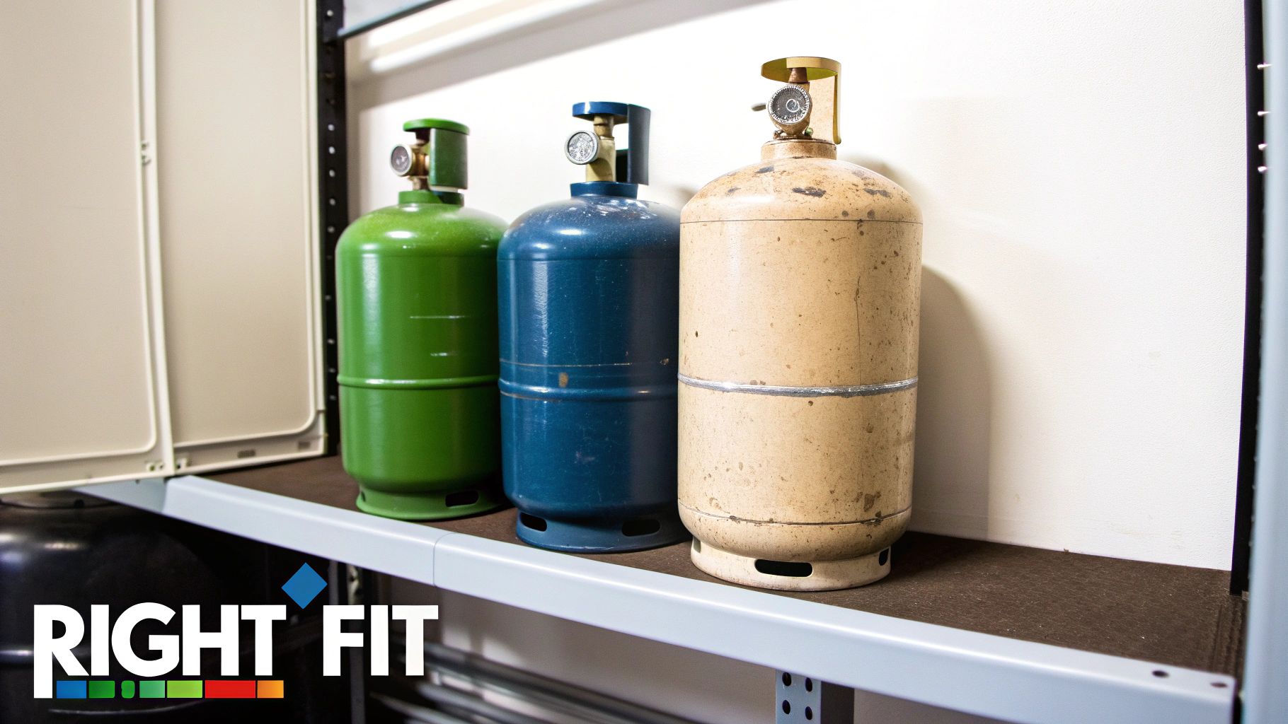 Green, blue, and tan gas bottles with pressure gauges stored neatly on a metal shelf.