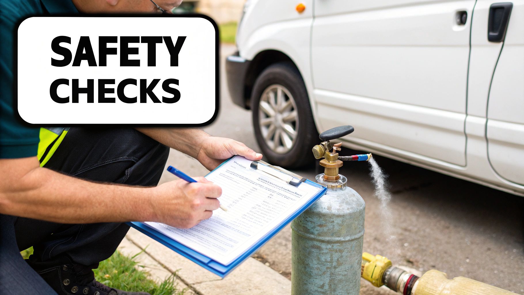 A technician performs safety checks on a gas cylinder, writing on a clipboard near a white van.