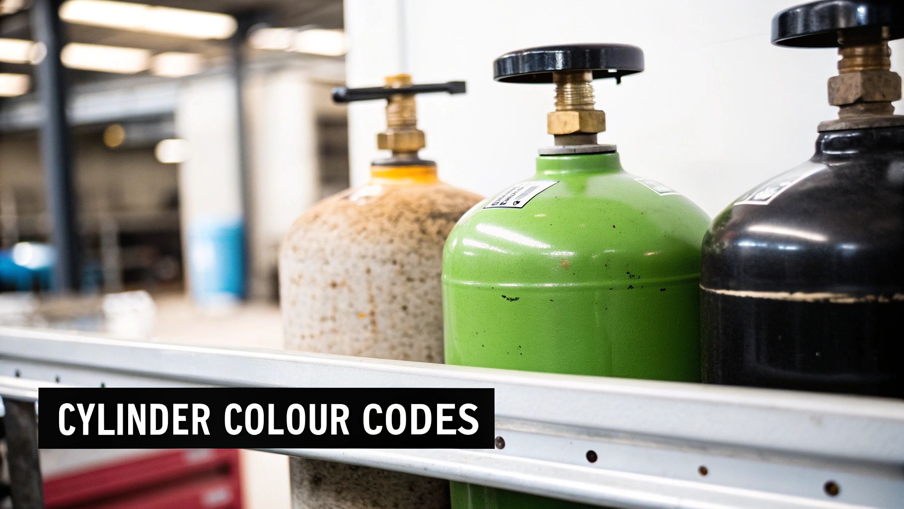 Close-up of three industrial gas cylinders in beige, green, and black, on a metal rack.