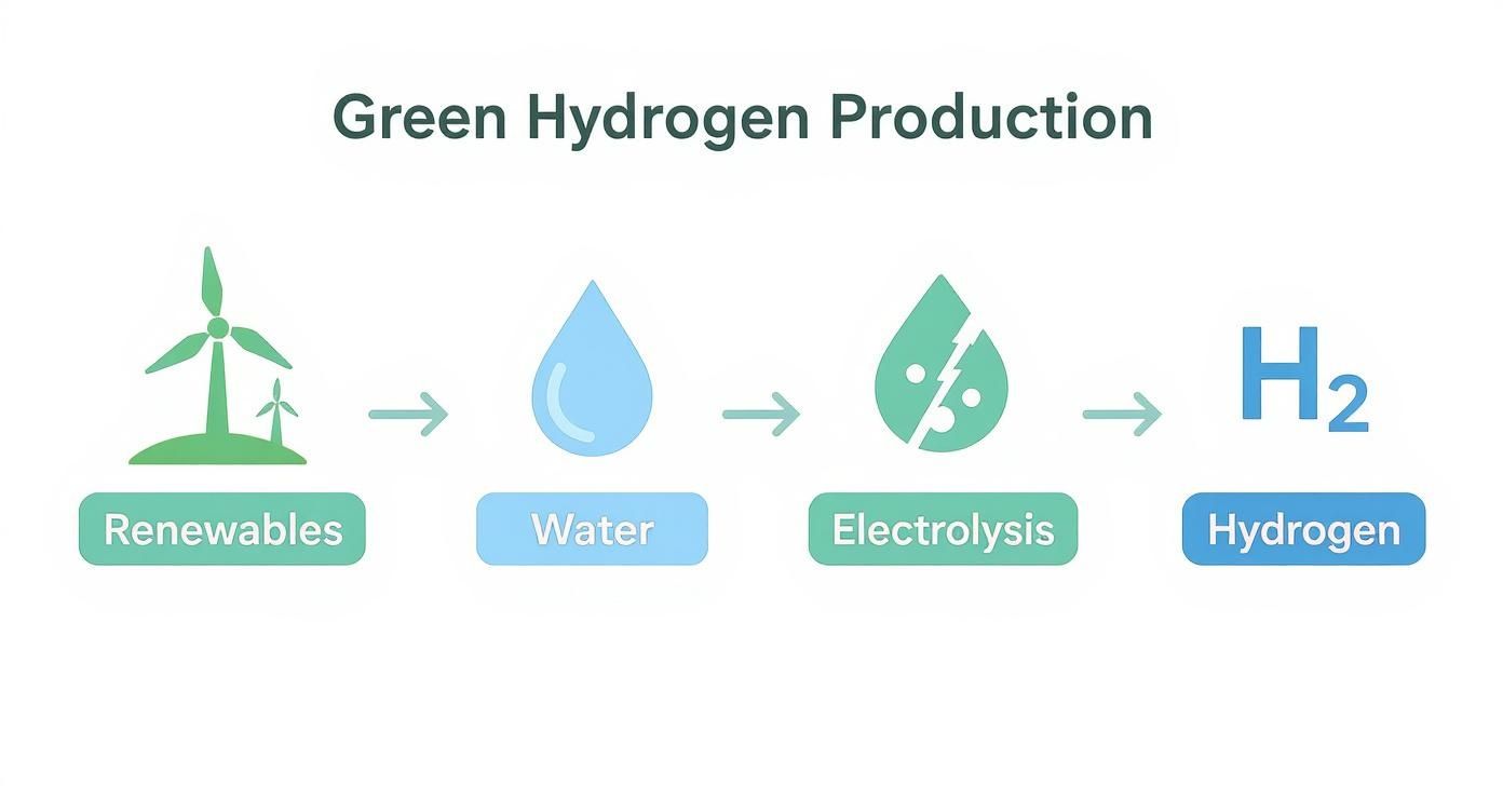 A step-by-step diagram illustrating green hydrogen production using renewables and water electrolysis to create H2.