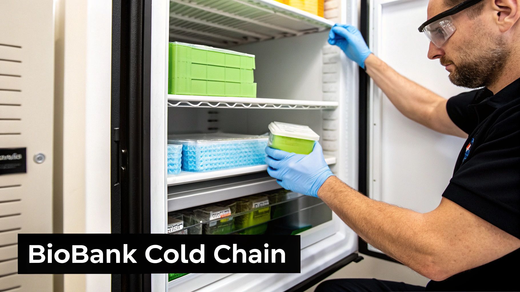 Scientist in blue gloves and safety glasses retrieves biological samples from a biobank freezer.
